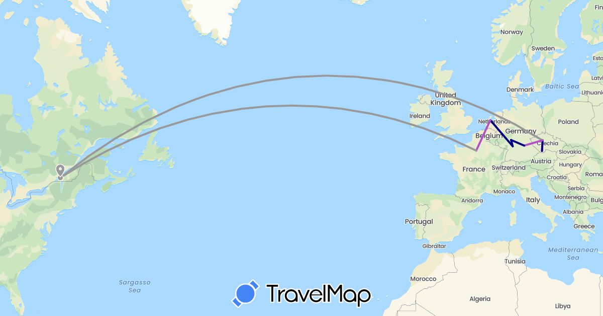 TravelMap itinerary: driving, plane, train in Canada, Czech Republic, Germany, France, Netherlands (Europe, North America)
