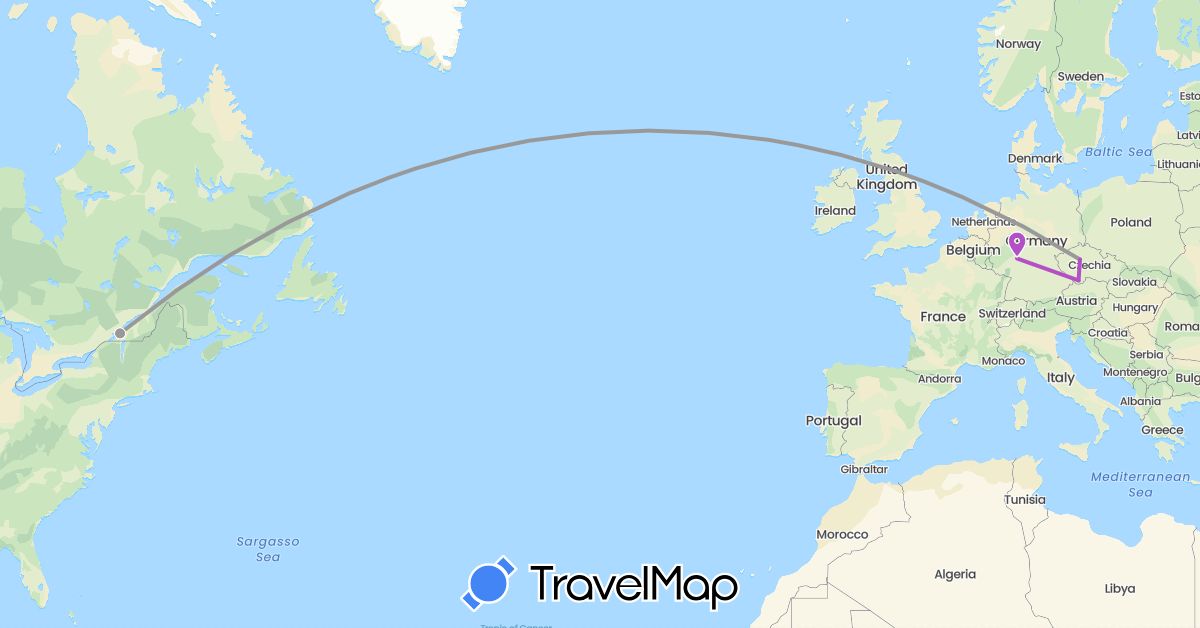 TravelMap itinerary: driving, plane, train in Canada, Czech Republic, Germany (Europe, North America)